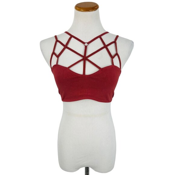 NWT Boutique Strappy Burnt Red Geometric Cutout Cage Front Crop Top Bralette - Picture 9 of 16